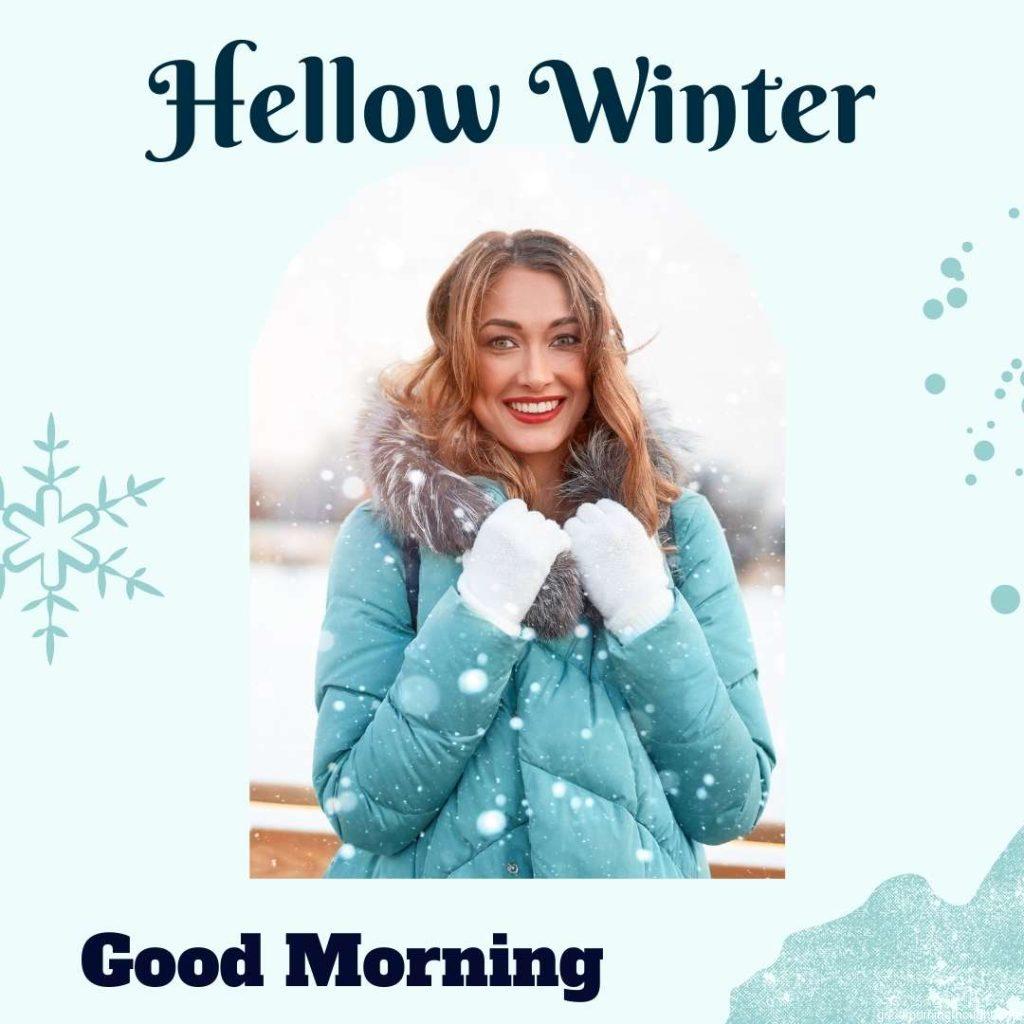 A beautiful, lovely middle-aged girl with curly hair, warm winter jackets, and white gloves stands in the background of an ice rink in Town Square. Christmas mood. _Good morning_ text