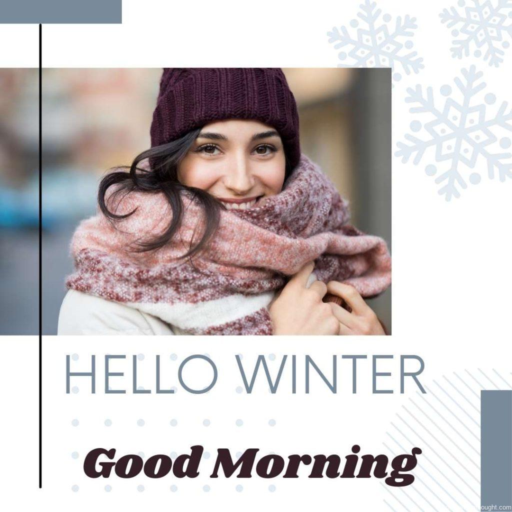 A closeup of the face of a young, happy woman enjoying winter wearing a scarf and cap Latin woman with knitted bordeaux hat and woollen scarf, _Good morning_ text