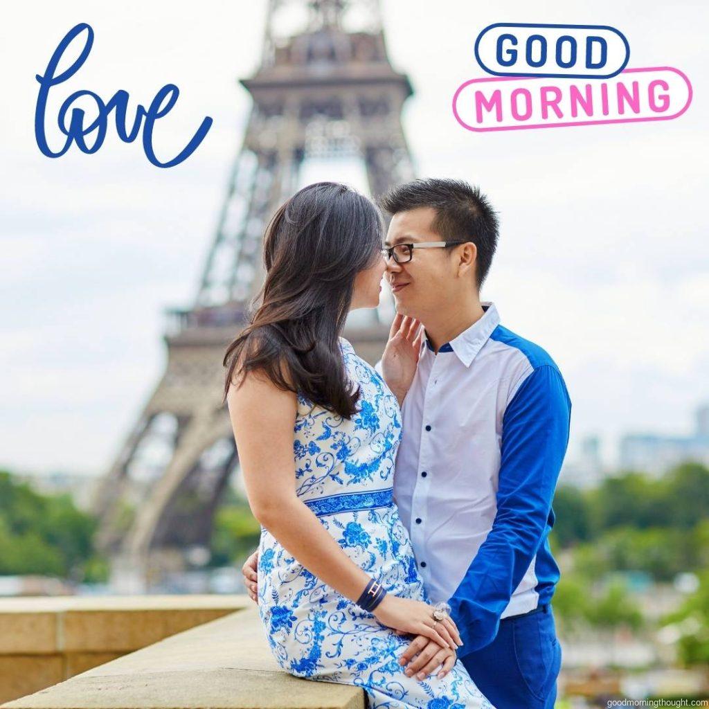 A young romantic Asian couple in Paris, France, Love Romantic Kiss Good Morning Image