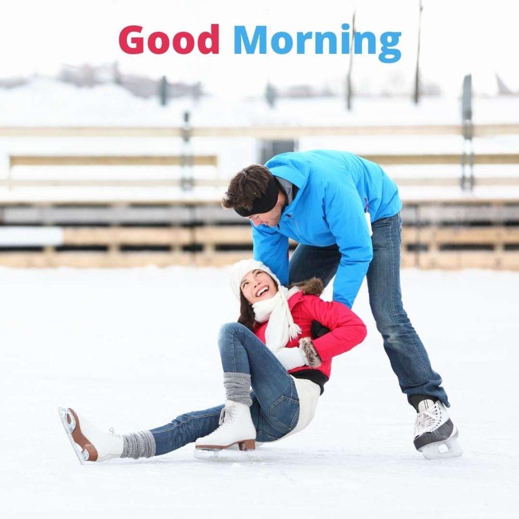 An ice skating couple is having winter fun on ice skates in Old Port, Montreal, Quebec, Canada. _Good morning_ text