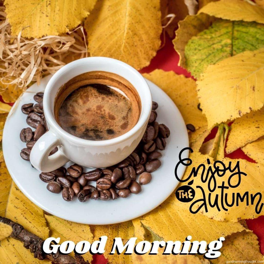 Autumn concept with a cup of coffee,beans of coffee, and chestnut leaves, good morning text