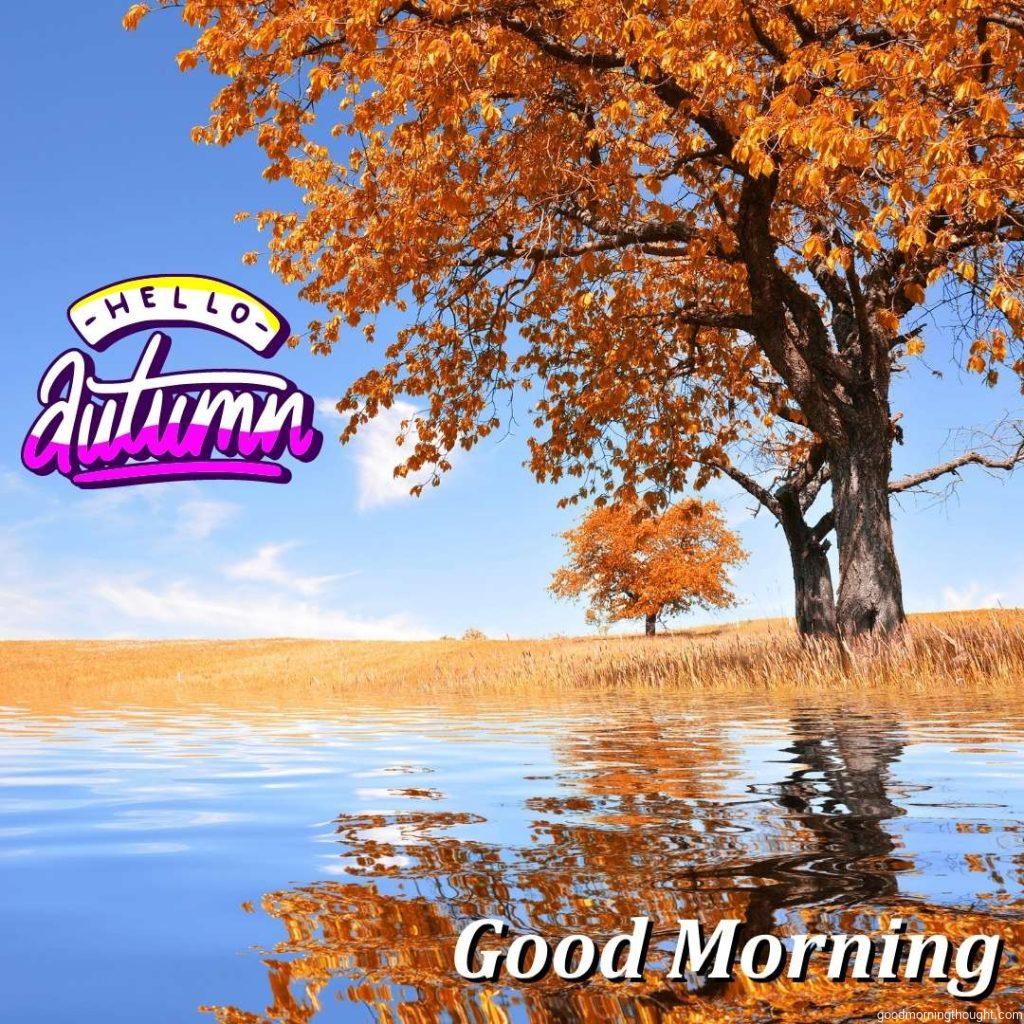 Autumn landscape with trees, good morning text