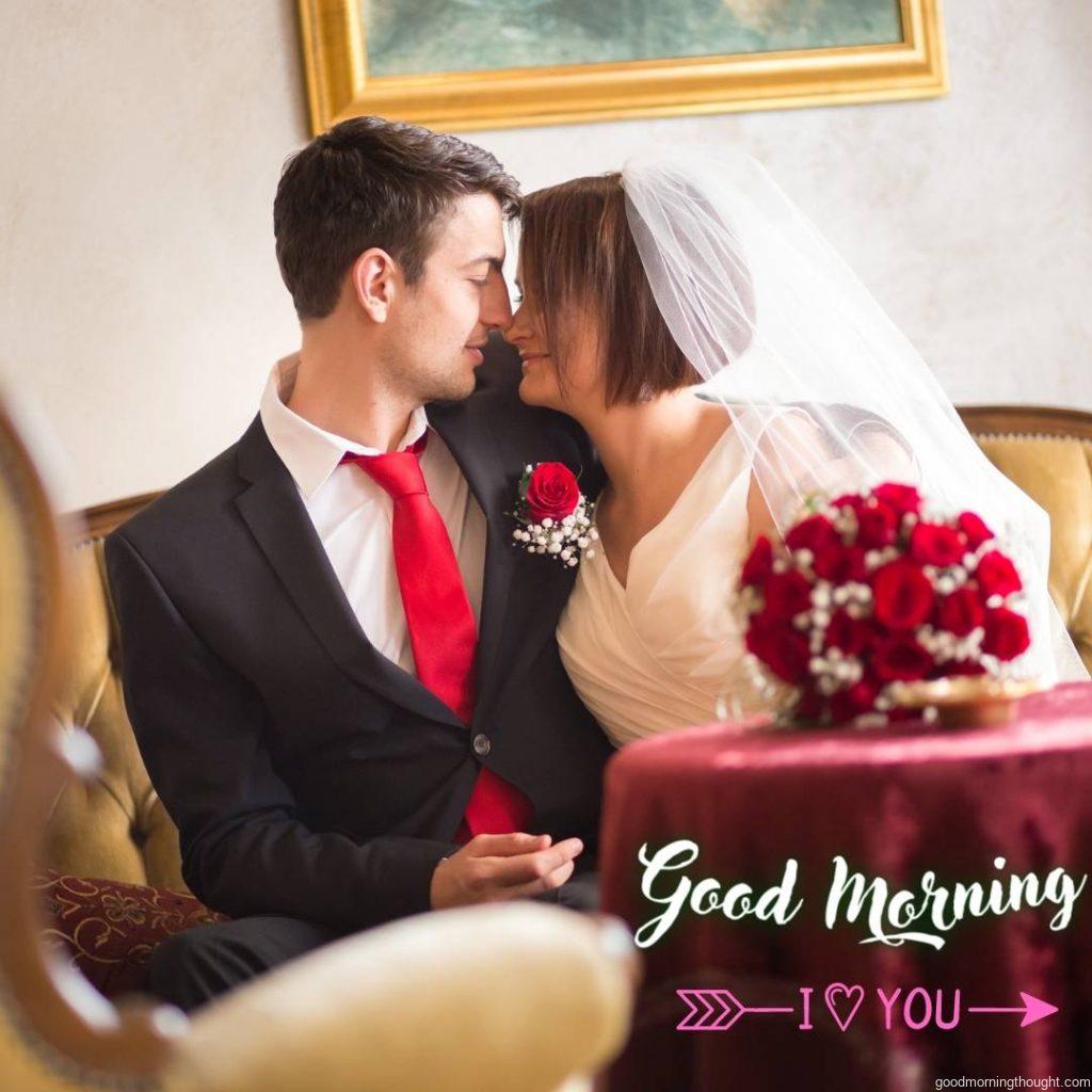 Beautiful wedding couple Kissing in the lovely morning, good morning image