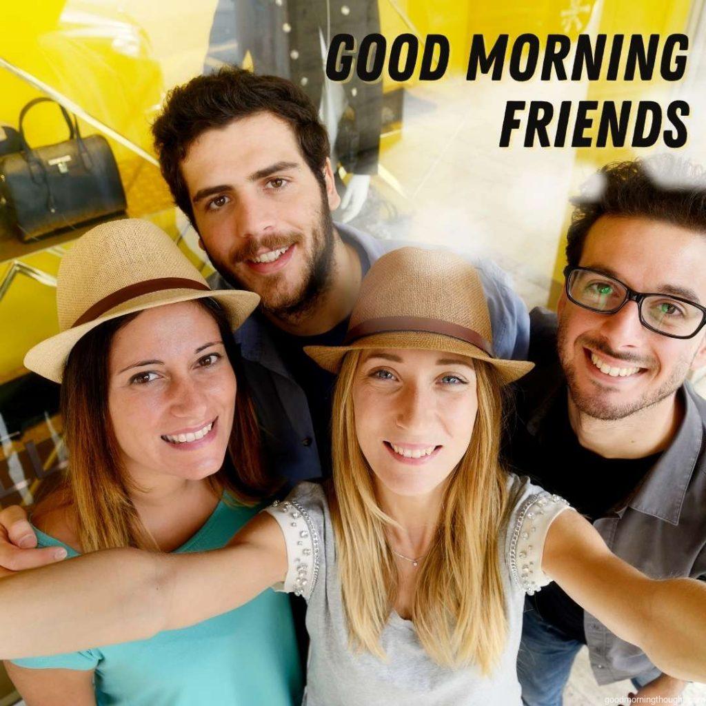 Best Friends Taking a selfie on a street close to a shopping mall They are laughing and standing closely along a street. Good morning text