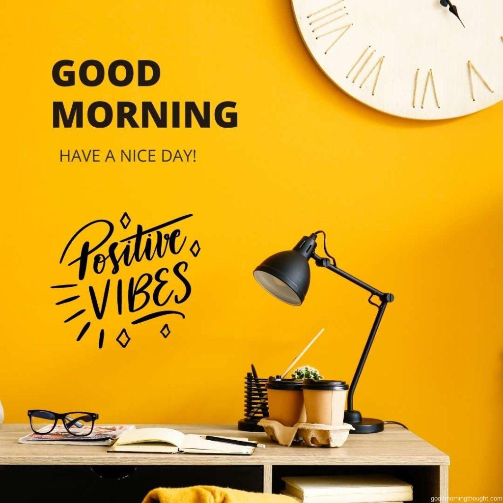 Comfortable workplace near a colour wall Good morning text with an inspirational message