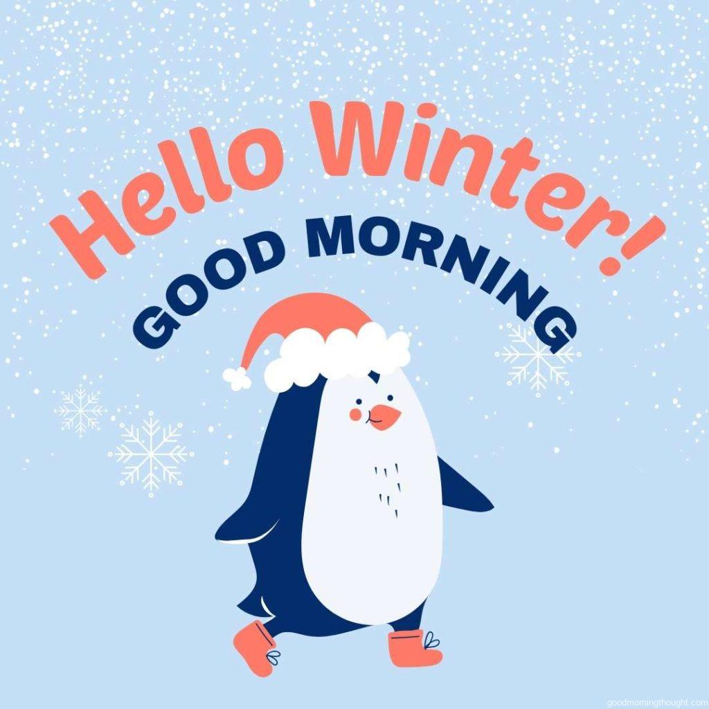 Cutesy Christmas Penguin, Falling Winter Snow seamless banner vector illustration, _Good morning_ text