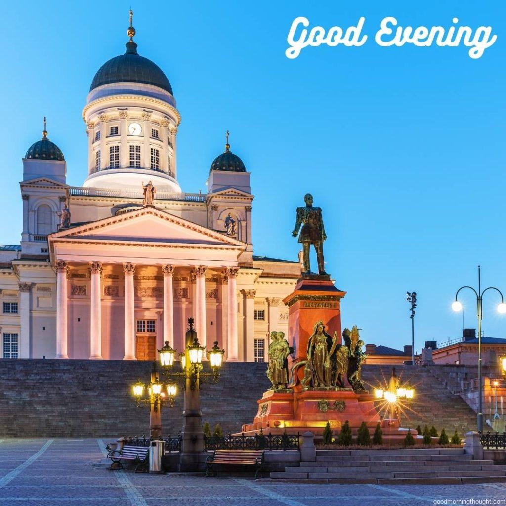 Evening Senate Square, Helsinki, Finland, with _Good Evening_ text