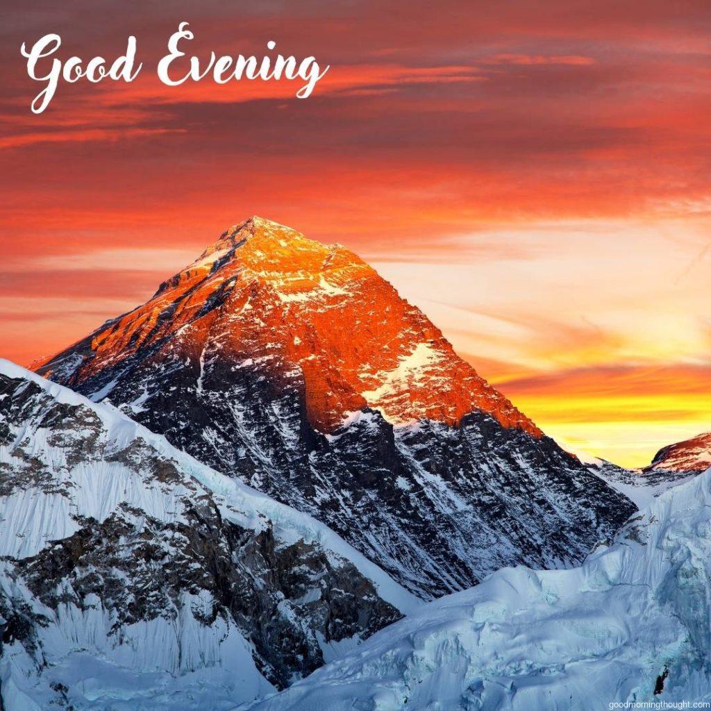 Evening colored view of Mount Everest from Kala Patthar, Khumbu valley, Solukhumbu, Sagarmatha national park, Nepal with _Good Evening_ text