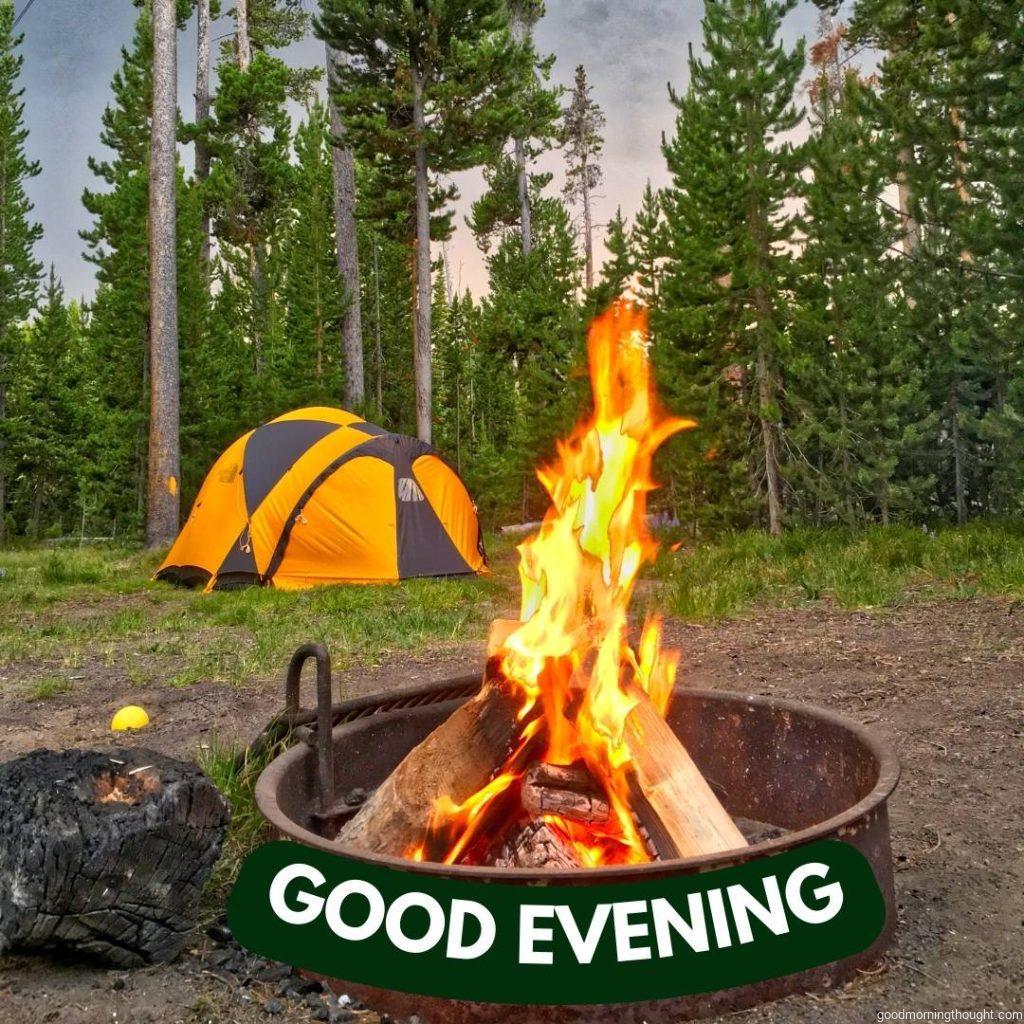 Evening in camping, Yellowstone National Park, with _Good Evening_ text