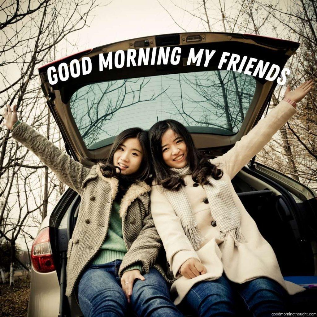 Friends hanging out, sitting in the car boot space, Good morning images for friends