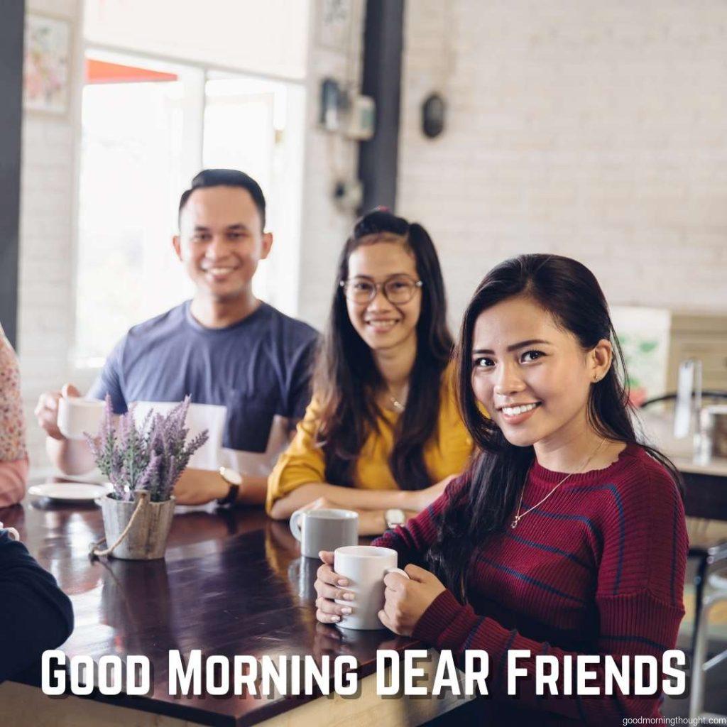 Friends having fun together in a cafe, Good morning text