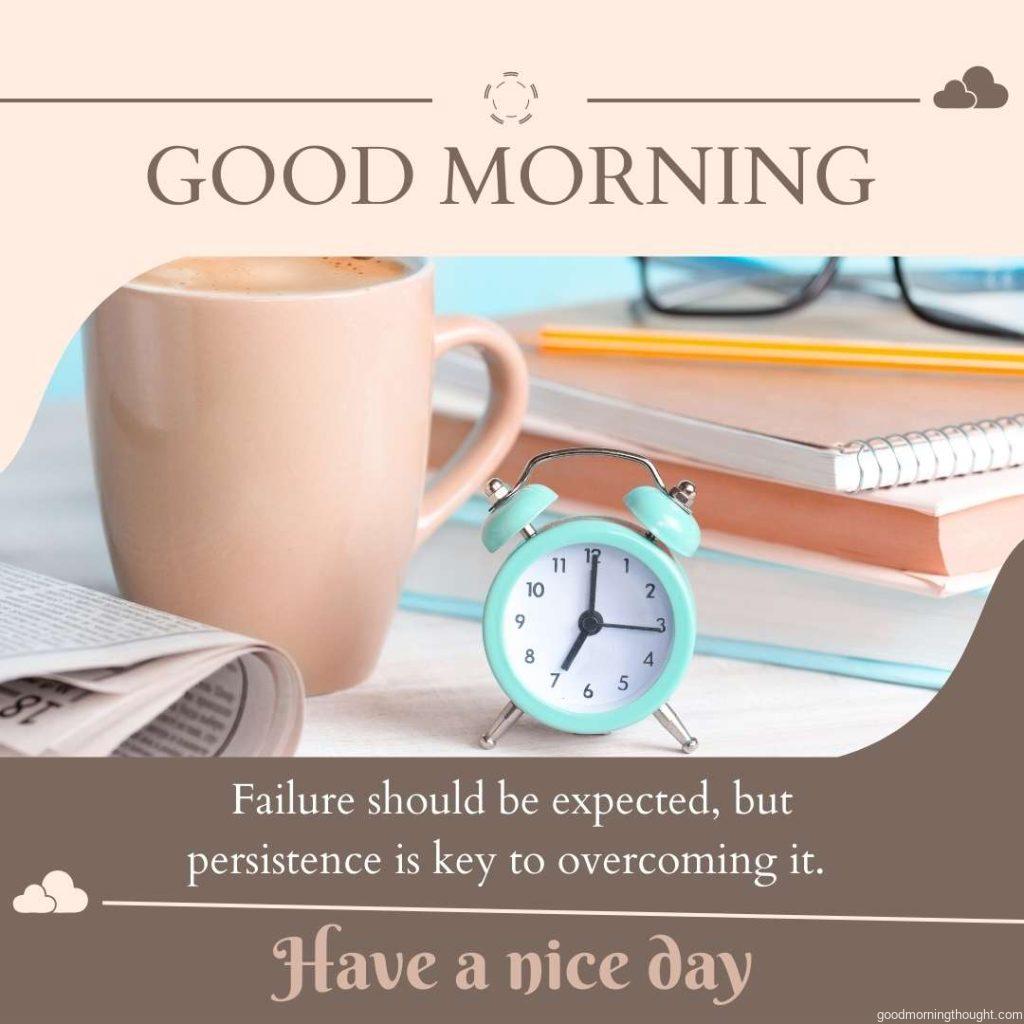 Good morning, Concept. Mug,alarm clock,newspaper, books, and glasses on a blue background as the morning coffee day starts. Education business place. Good morning text with an inspirational message