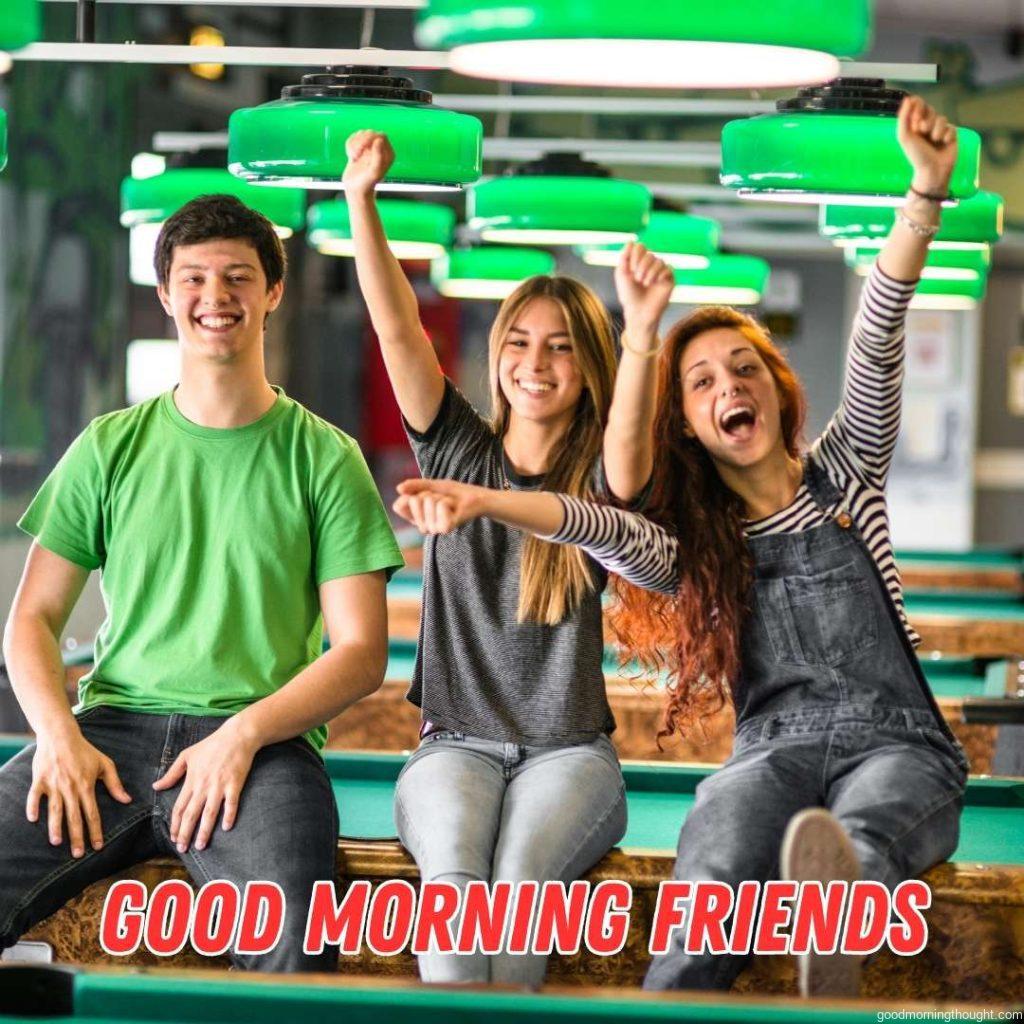 Happiness and friends in a pub Good morning text