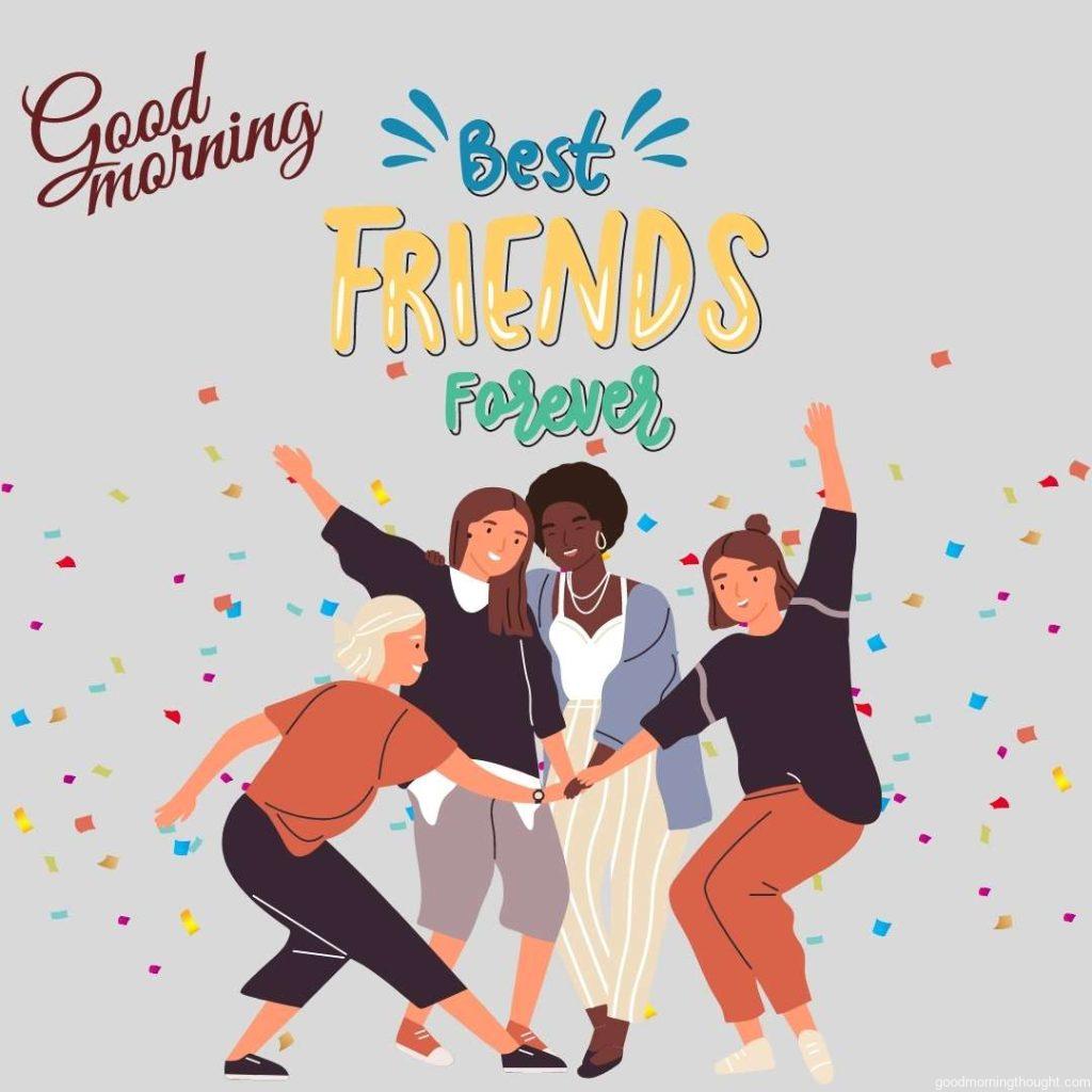 Happy diverse female friends putting hands together vector flat illustration Group of smiling women enjoying friendship, Good morning text