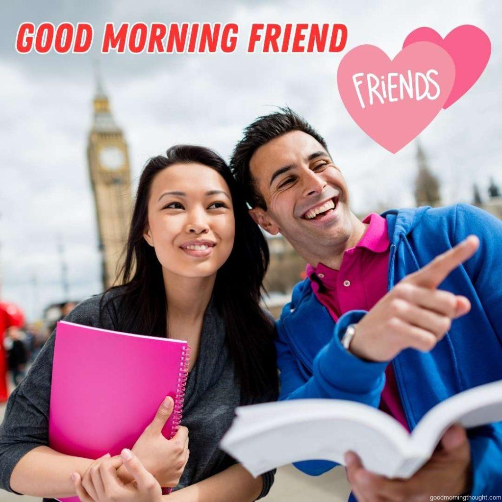 Happy girl and boy friends of exchange students_ study in the UK concepts, Good morning text