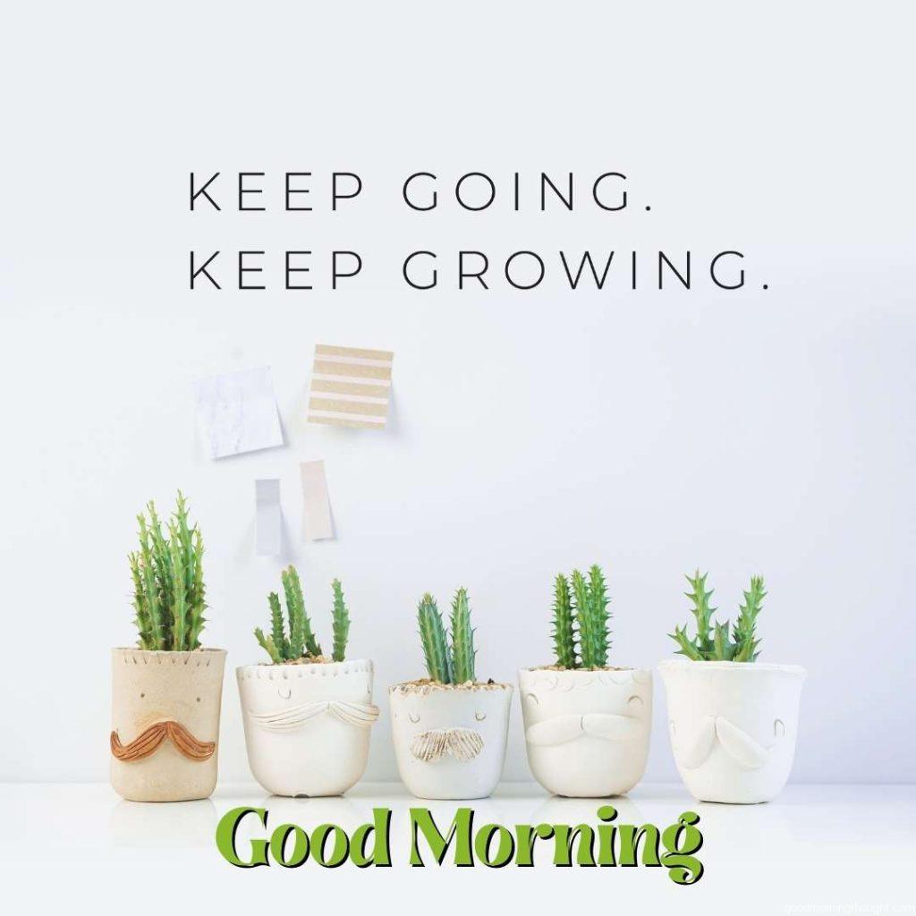 Inspirational quote_ _Keep going, keep growing_. A cactus plant on a white background with a good morning text