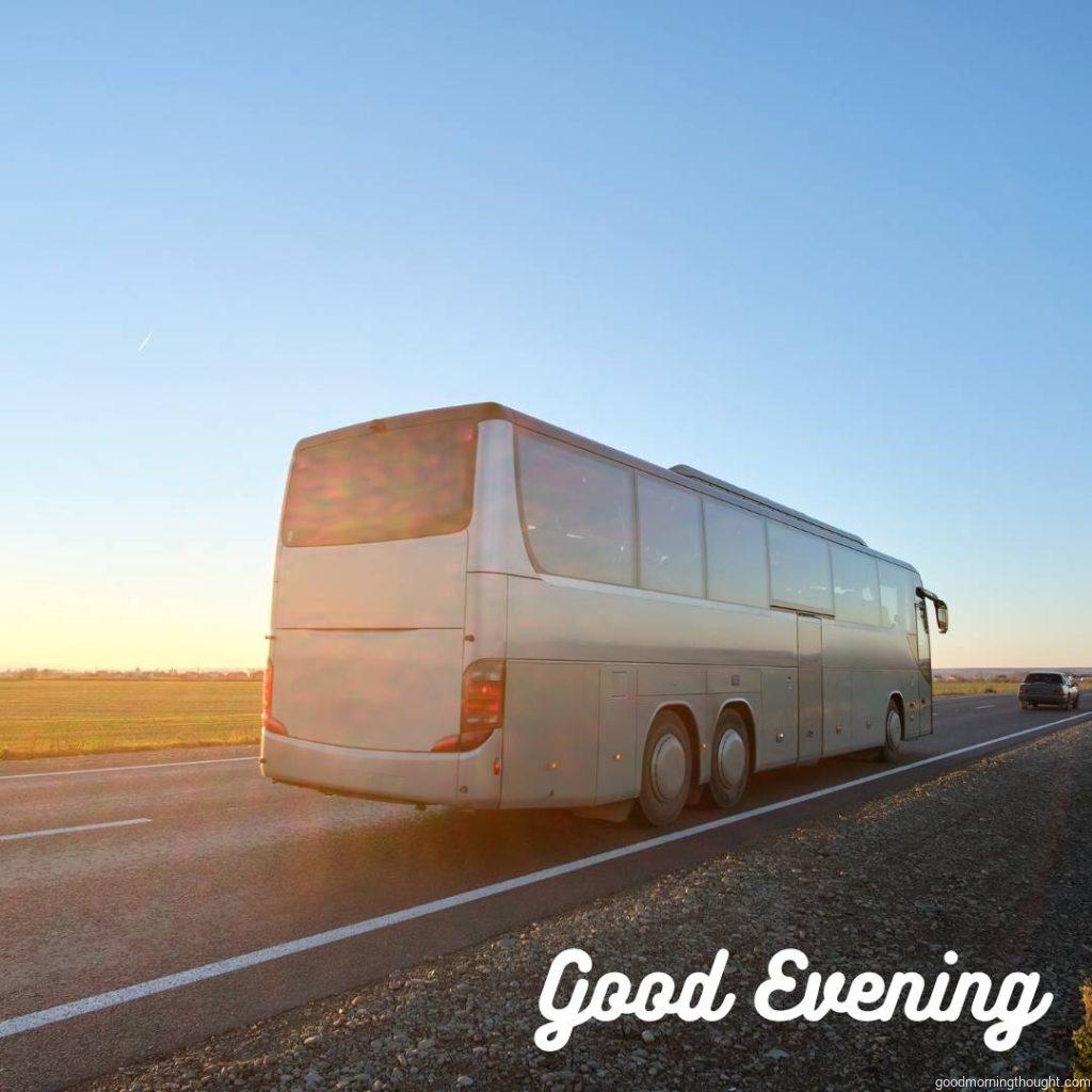 Intercity passenger buses driving on highways in the evening, _Good Evening_ text