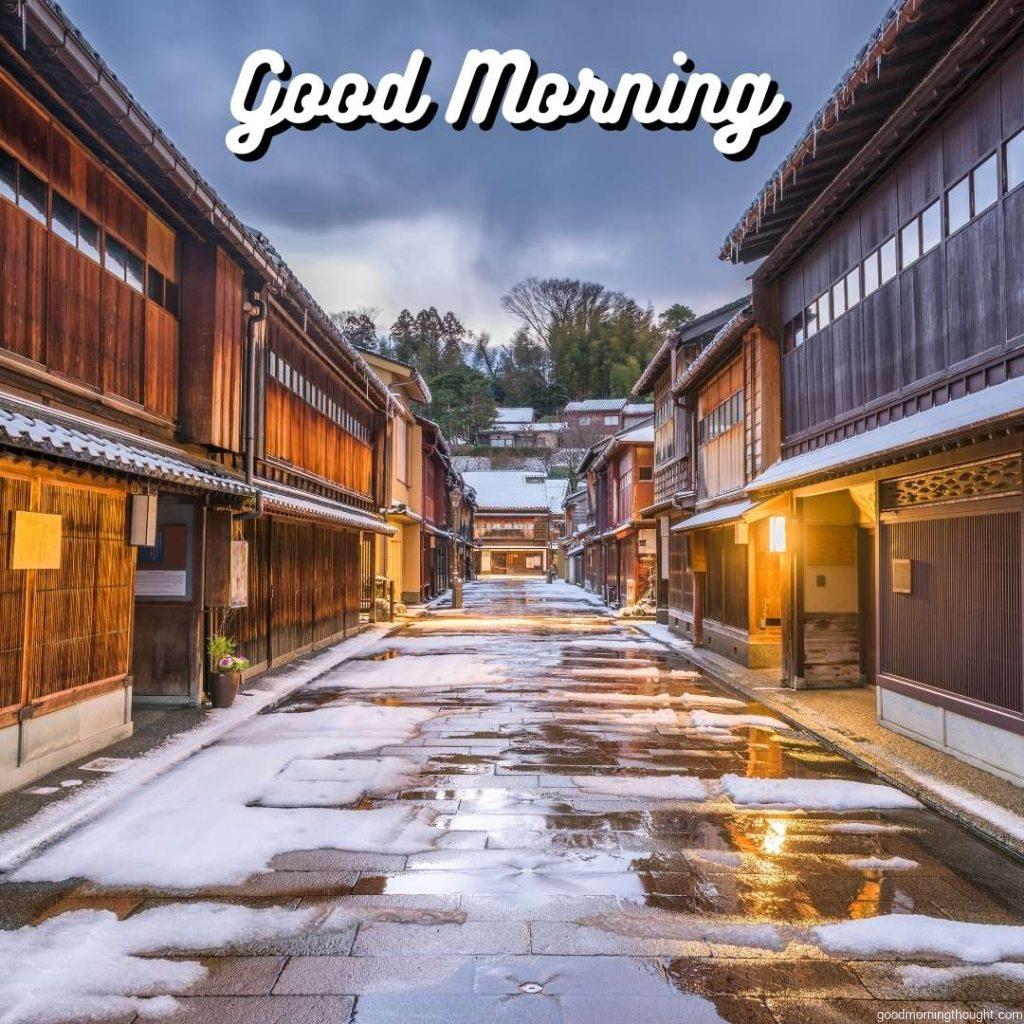 Kanazawa, Japan, street scene at Higashichaya district during the winter _Good morning_ text