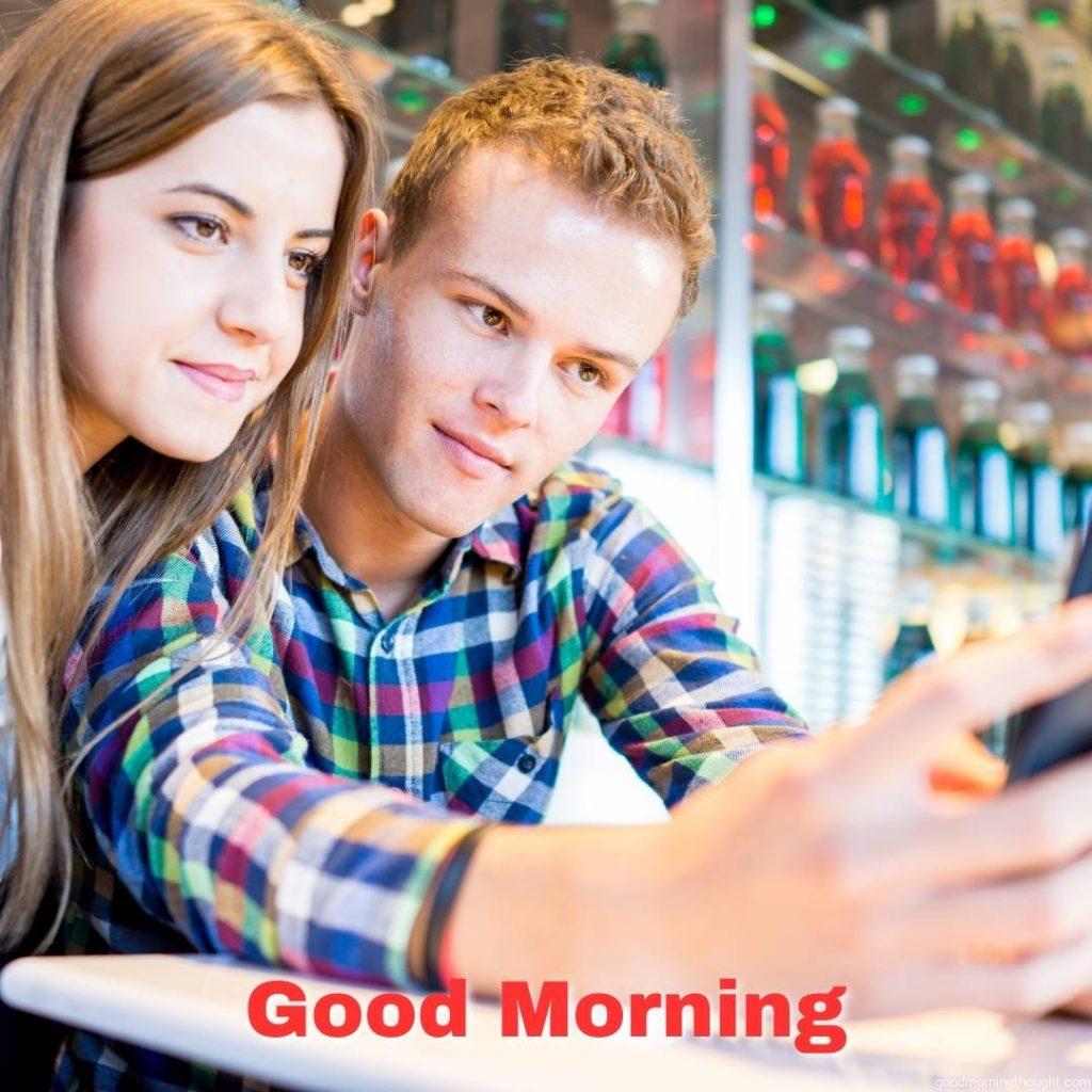 Lovely couple enjoying and having fun, Love, romance, good morning text