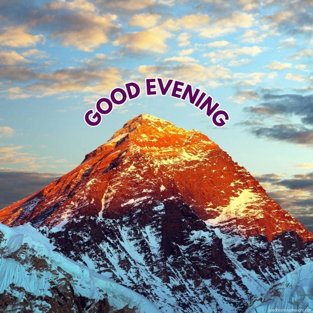 Mount Everest evening panoramic view with beautiful sunset clouds from Kala Patthar, Nepal's Himalayan mountains, with _Good Evening_ text