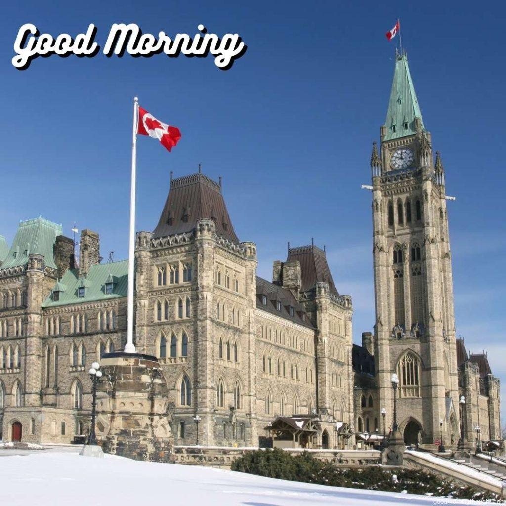 Parliament of Canada in winter, _Good morning_ text