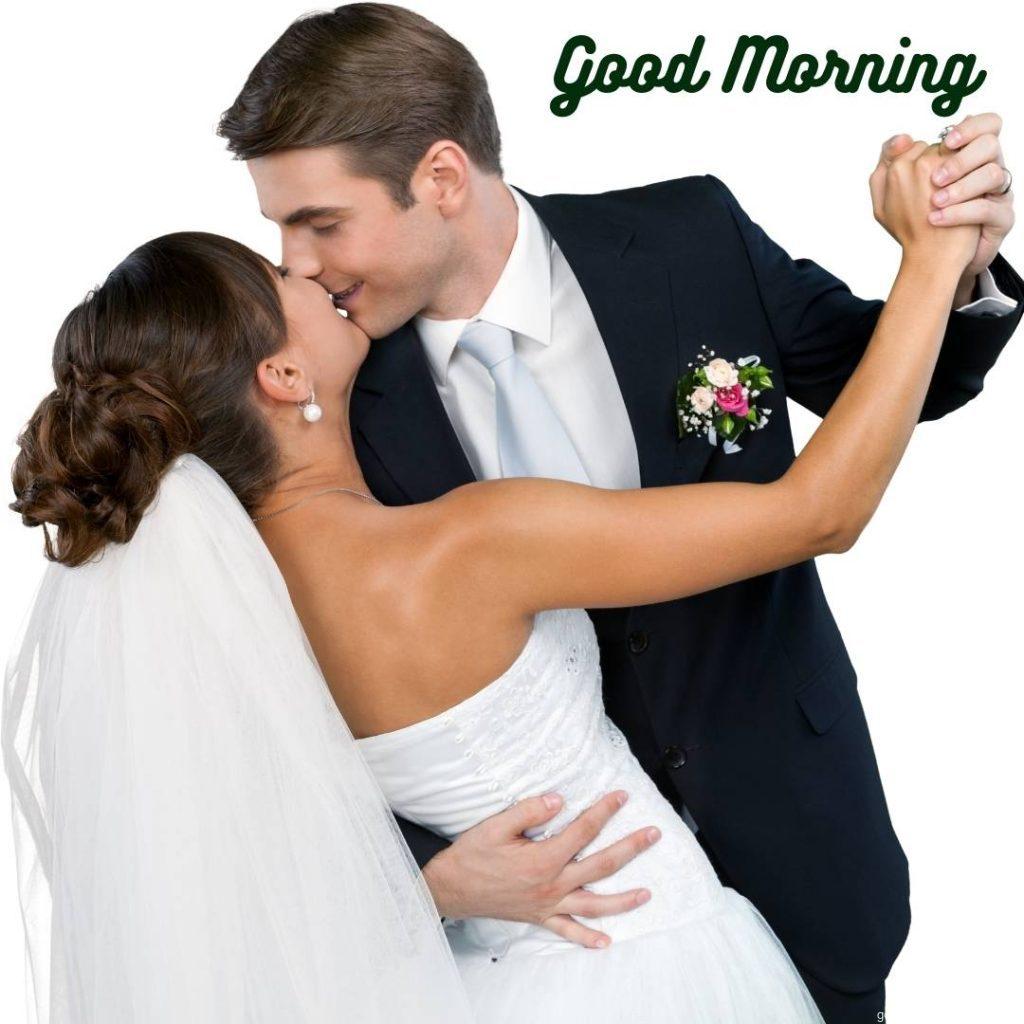 Portrait of a Wedding Couple Kissing, Love Romantic Kiss Good Morning Image