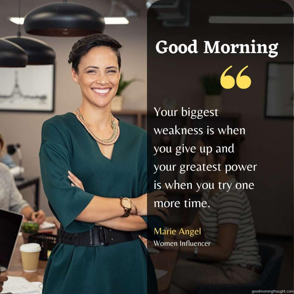 Portrait of a successful businesswoman standing with her colleagues working in the background at the office Good morning text with an inspirational message