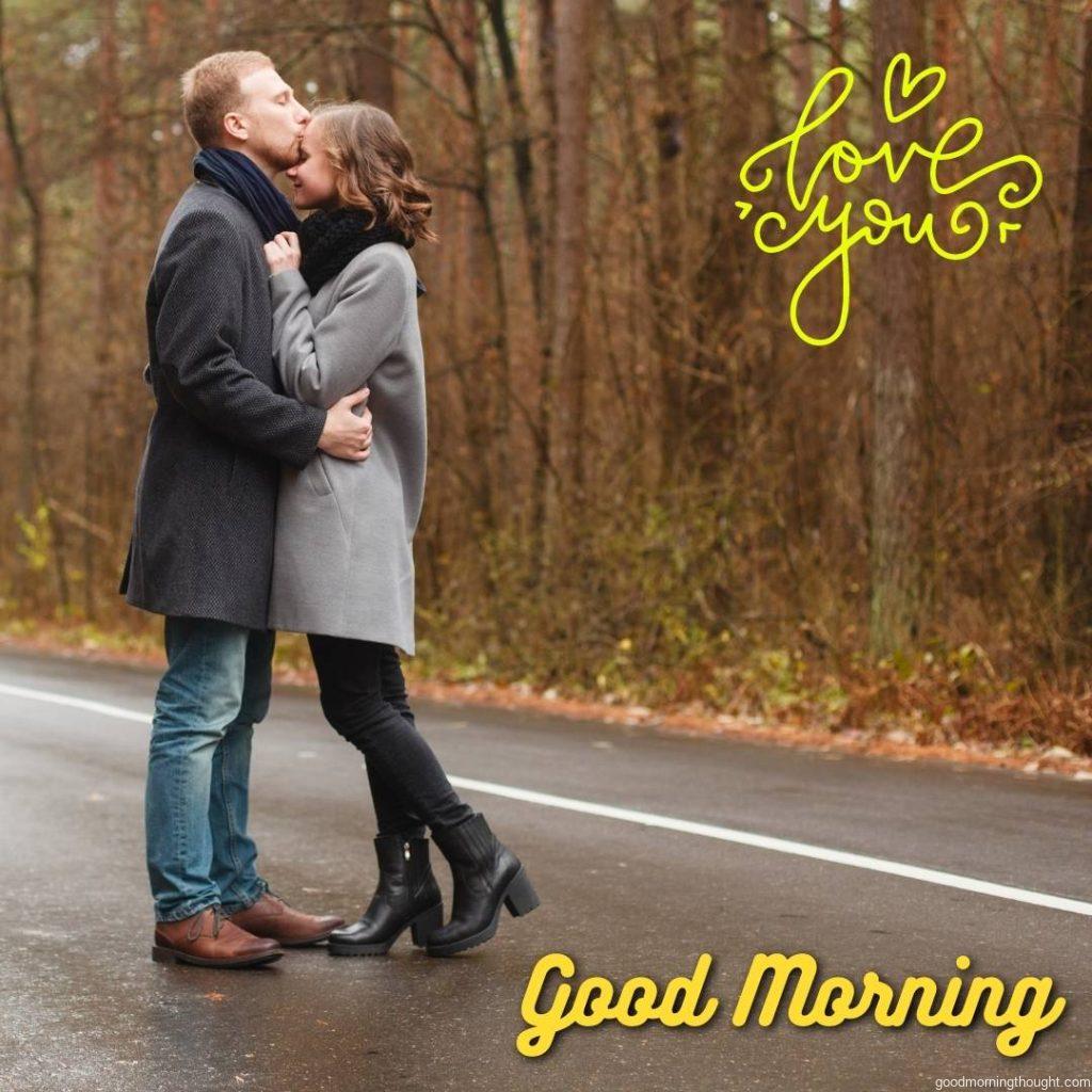 Romantic couple standing on the road, Love Romantic Kiss Good Morning Image