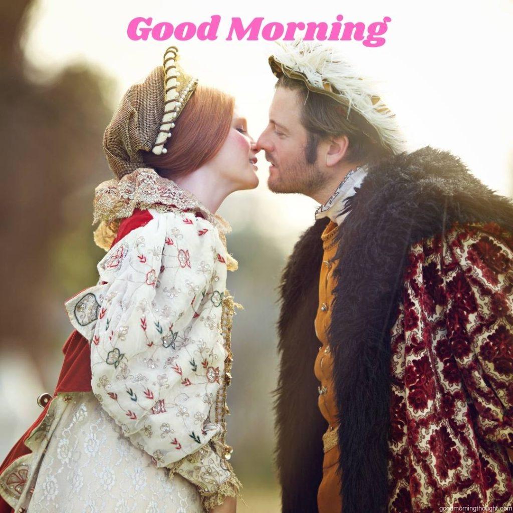 Shot of a royal couple spending time together at the gardens, Love Romantic Kiss Good Morning Image