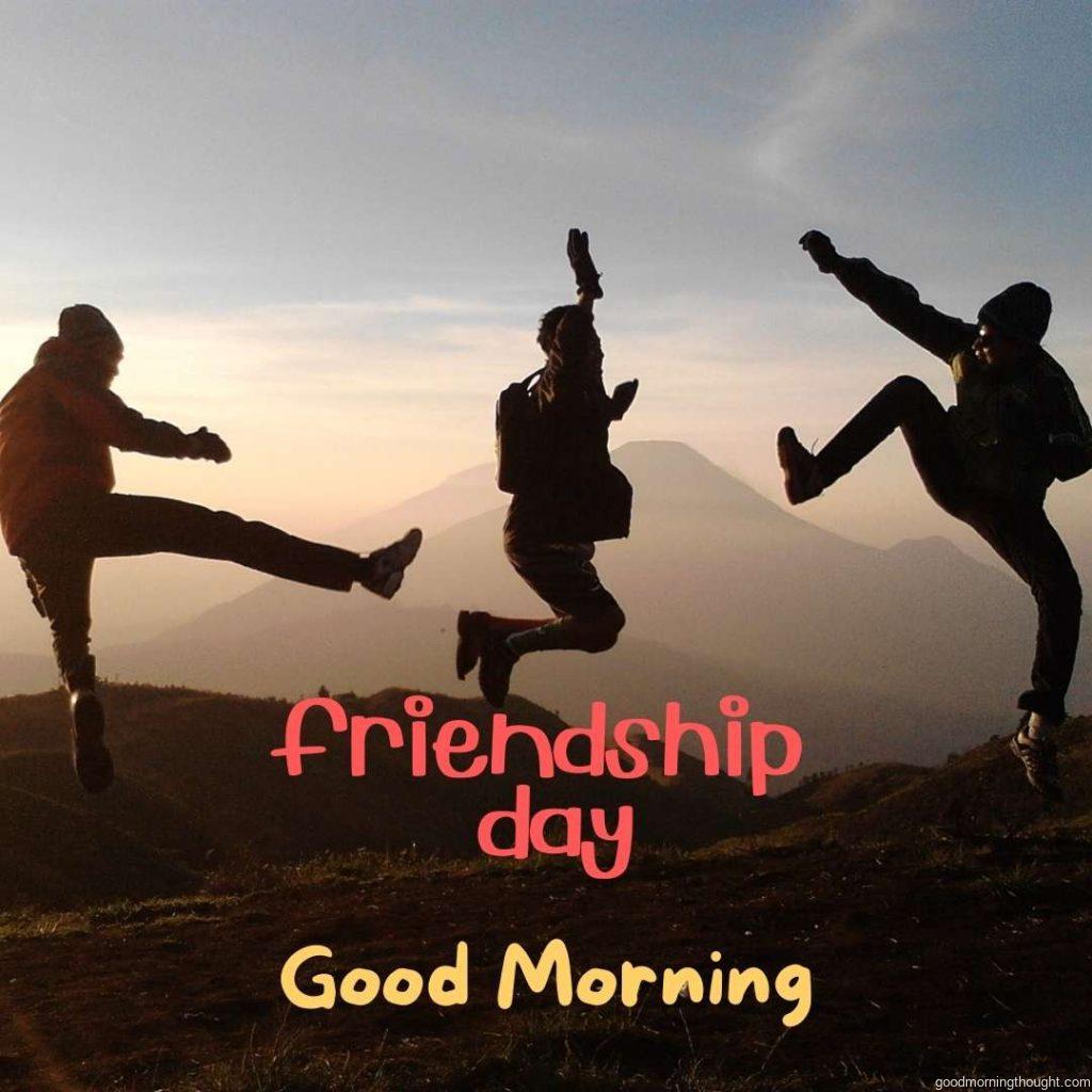 Silhouette of Friends Jumping, Good Morning Text