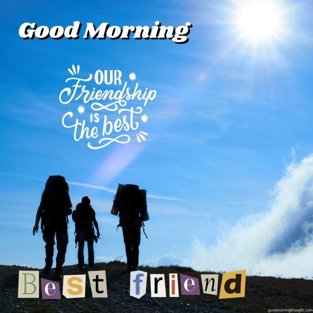 Silhouette of jumping friends on the beach, Good morning text