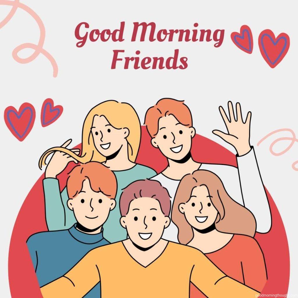 Smiling, diverse friends pose for pictures together. Happy people have fun, feel optimistic, and enjoy friendship. Vector illustration. Good morning text