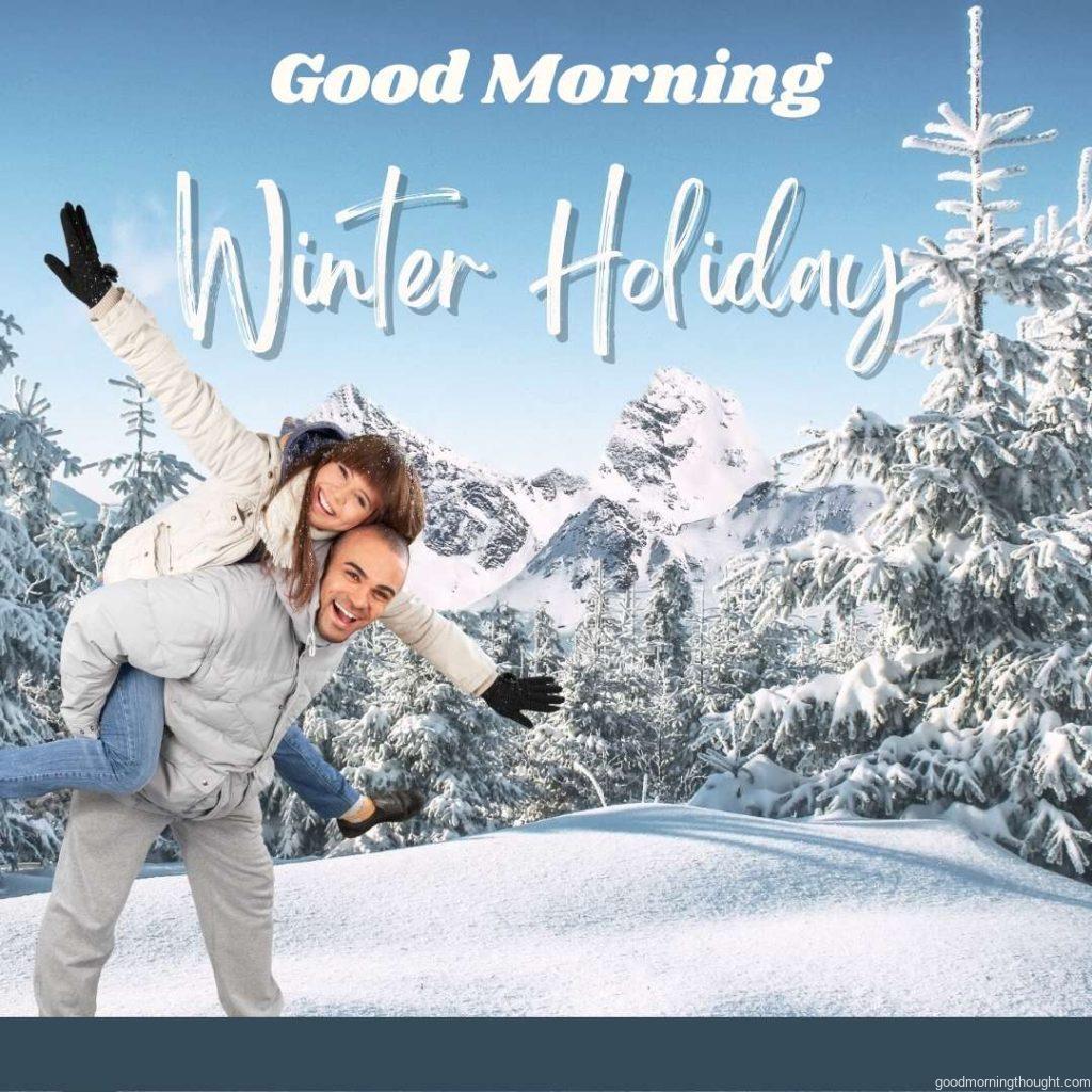 Snowy Winter Mountains, Couple in Winter Clothes, _Good morning_ text