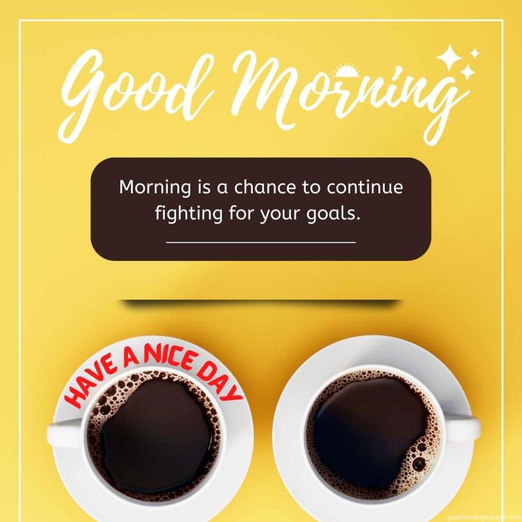 Two cups of fresh coffee on a yellow background with Good morning text and an inspirational message