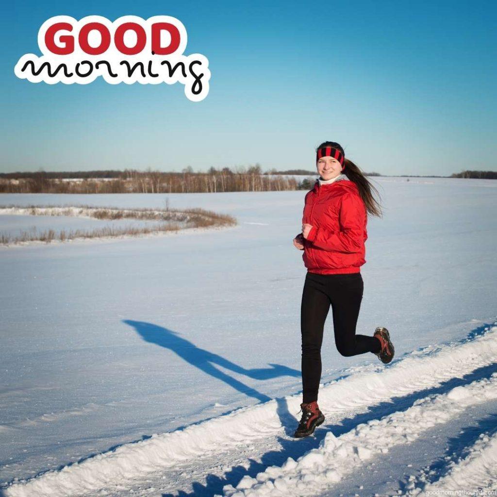 Winter morning running Winter nature. _Good morning_ text