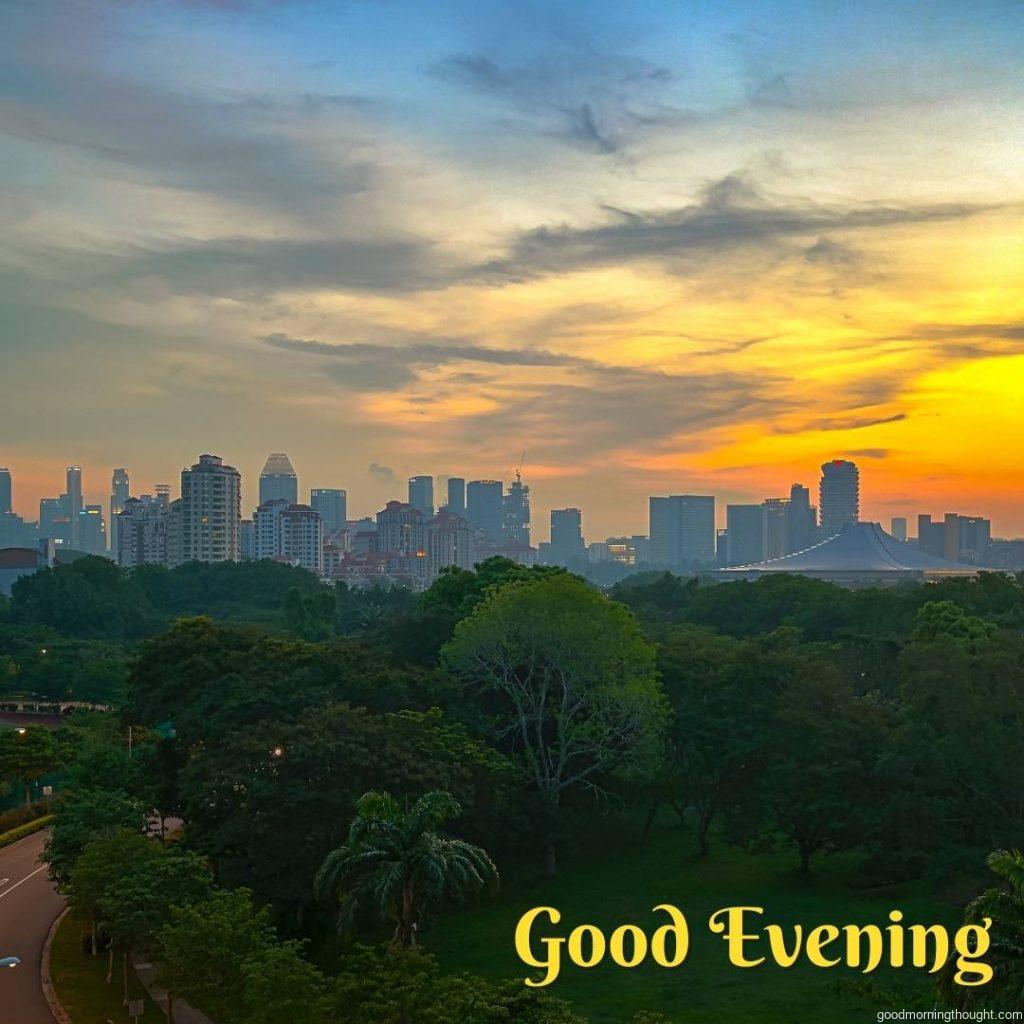 beautiful good evening view of the city with yellow sky