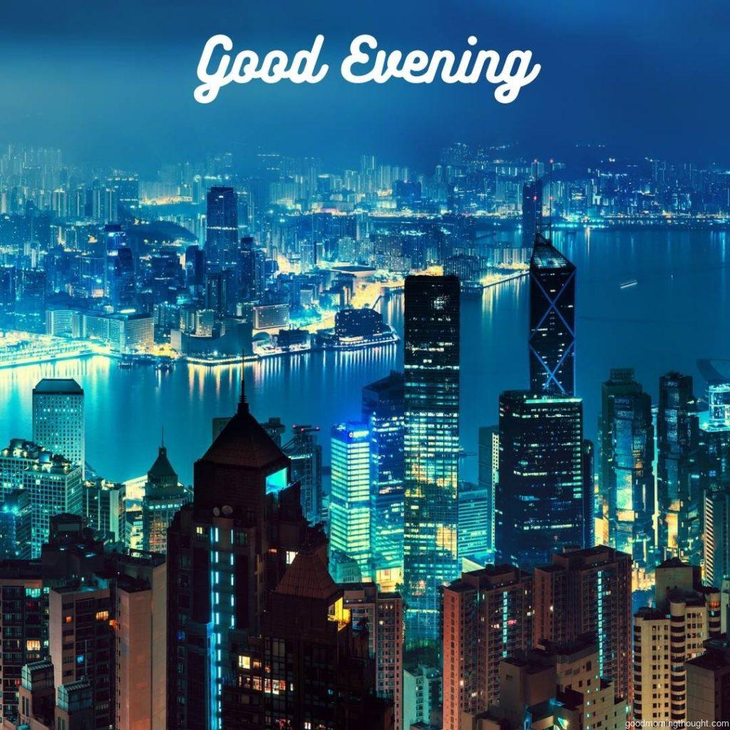 wide panorama of evening Hong Kong with _Good Evening_ text