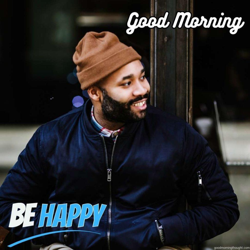 A Happy Man Sitting Outdoors _Good Morning_ text. Happy Good Morning Images