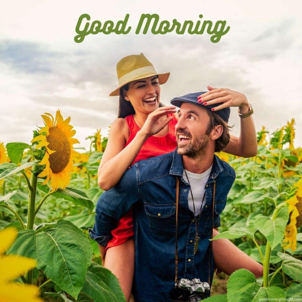 A beautiful young couple having fun together in nature, _Good Morning_ text Happy Good Morning Images