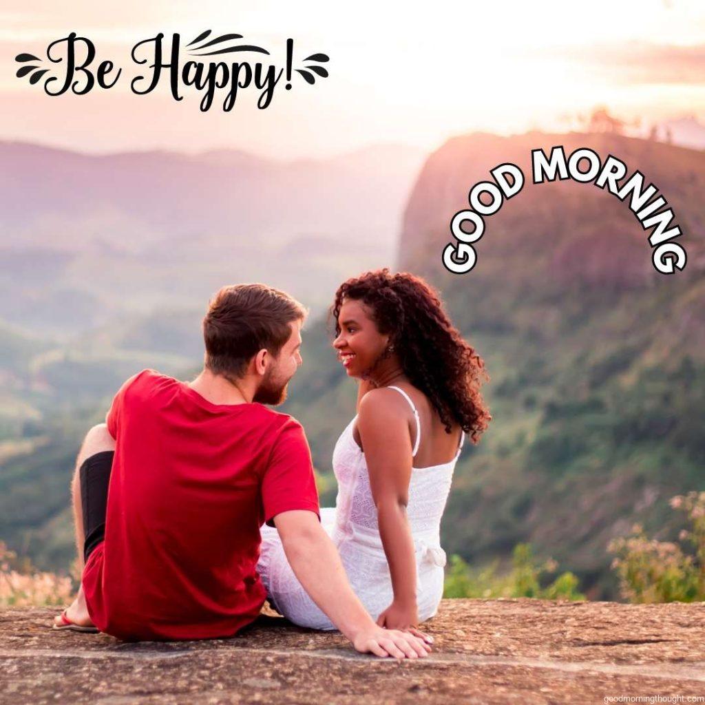 A happy young couple is talking and laughing. _Good Morning_ text. Happy Good Morning Images