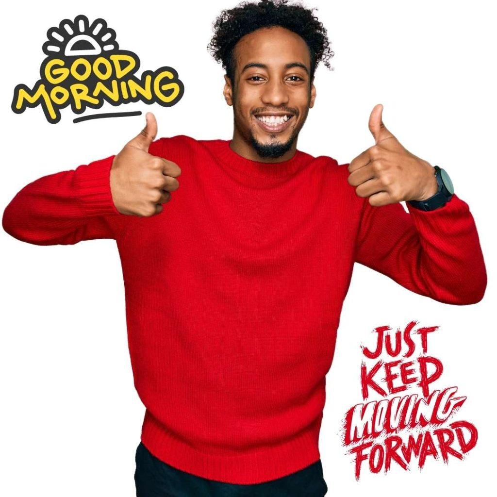 A young African American man with a beard wearing a casual winter sweater is doing a positive gesture with his hand, smiling and happy. African American Good Morning Images