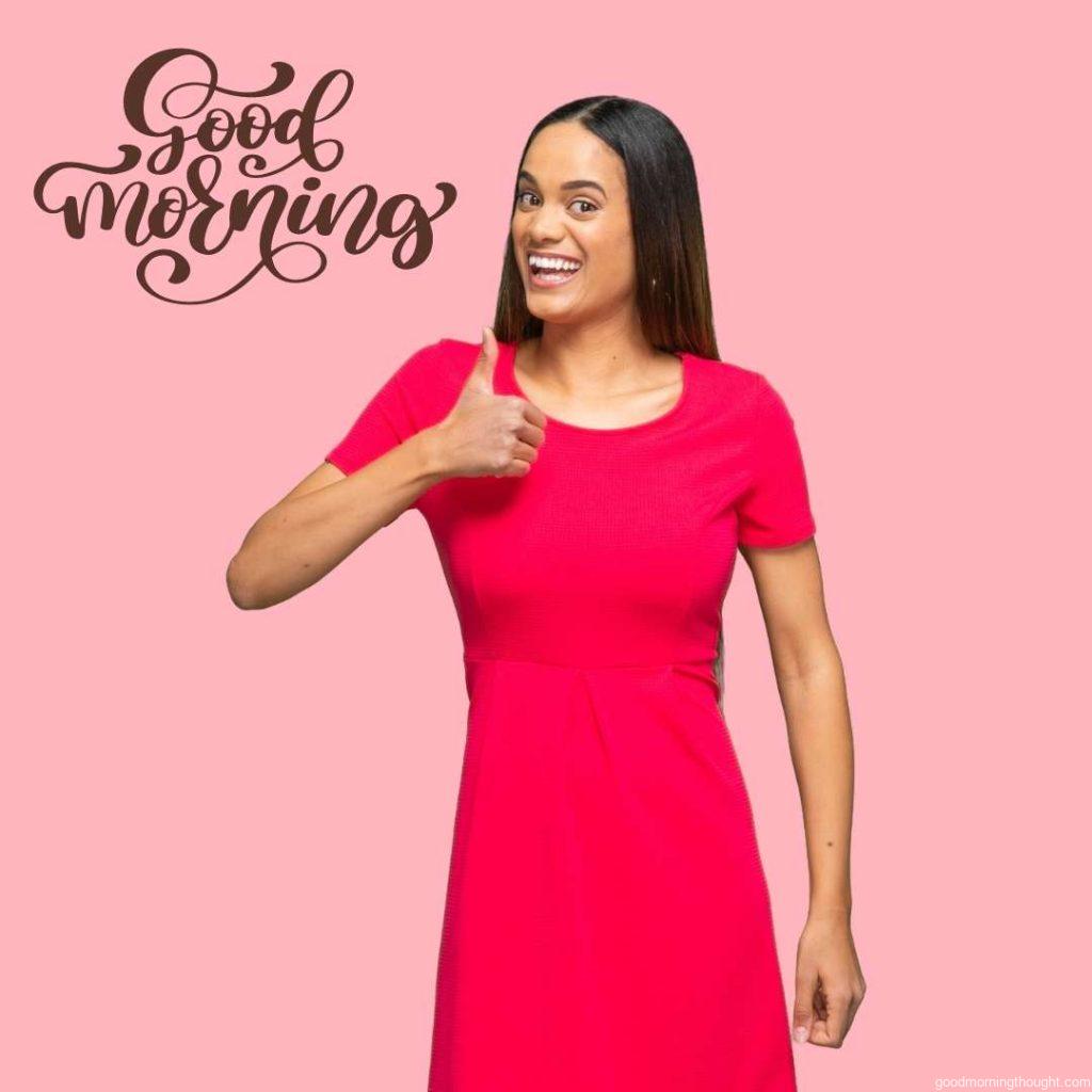 African-American ethnicity_ young women standing in front of a coloured background wearing dresses, Good Morning Text