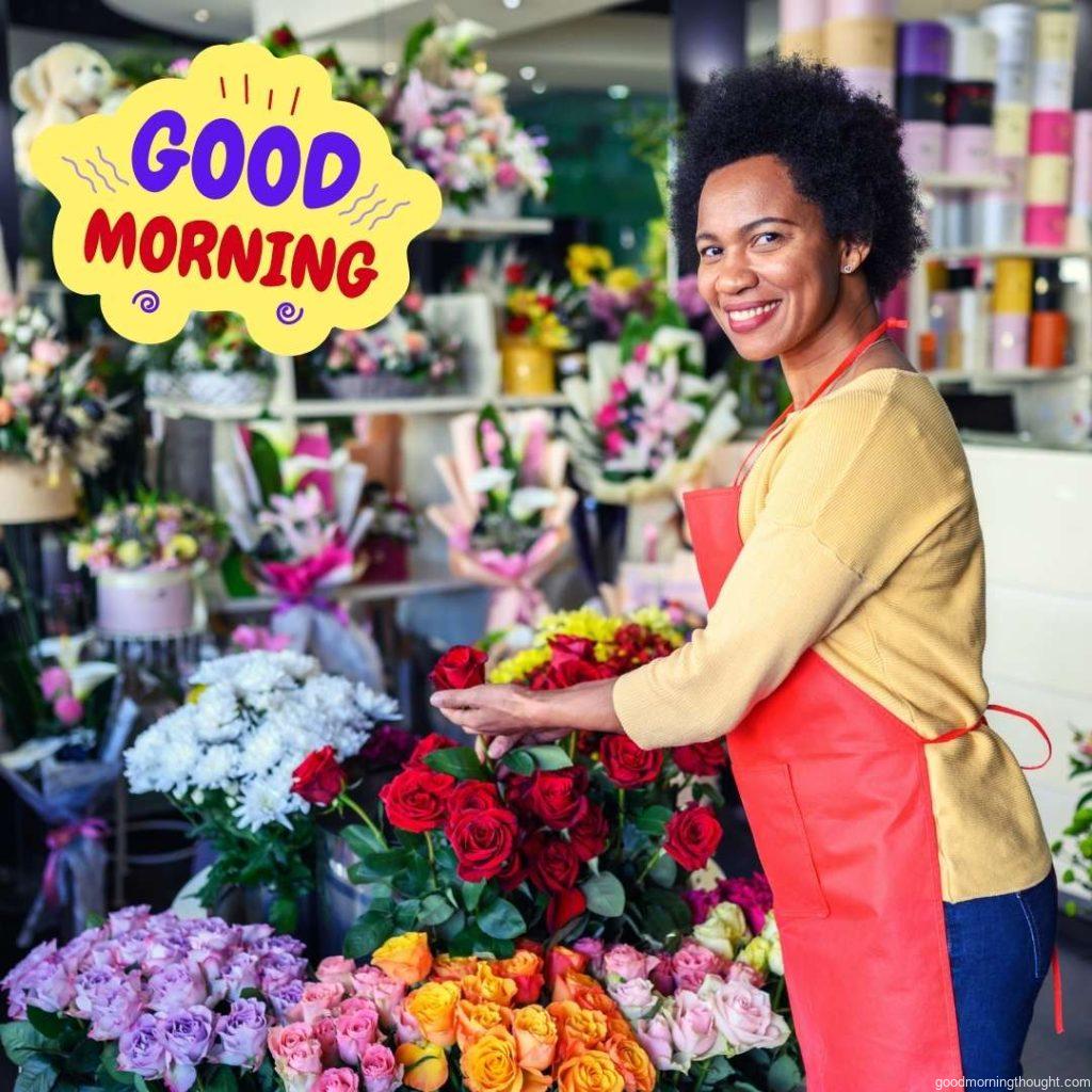 African-American woman working in a flower shop Good Morning Text