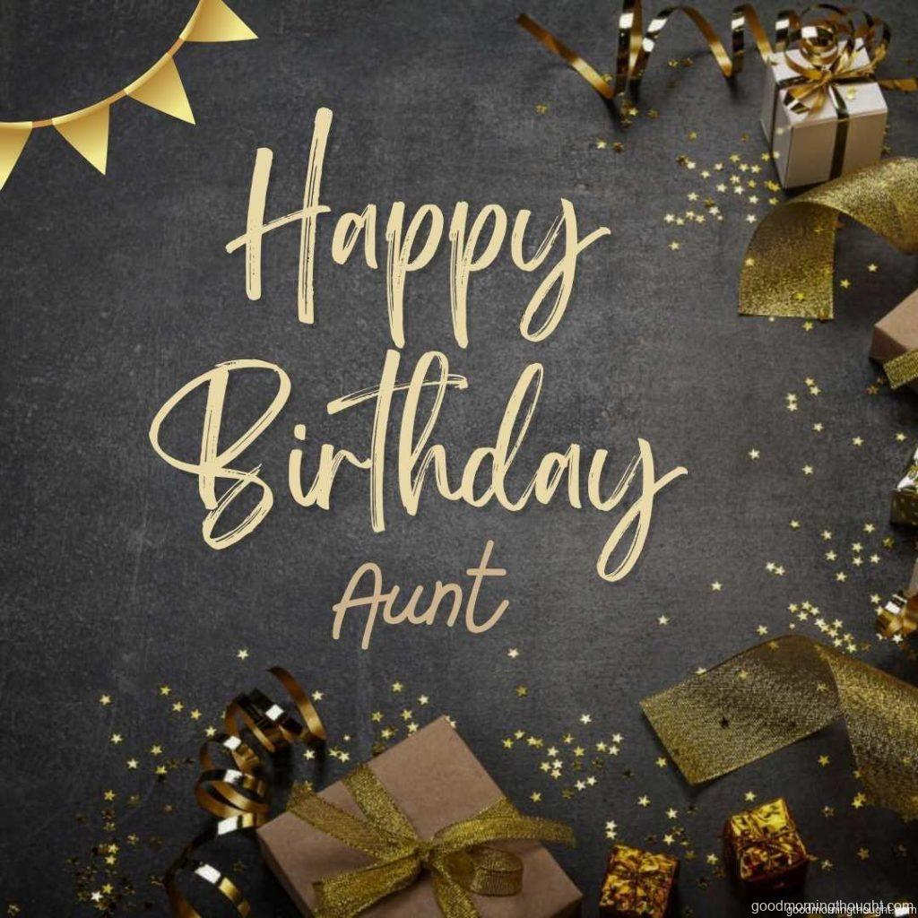 Bright golden card with holiday gifts, lovely ribbon, confetti stars, Happy Birthday Aunt Images