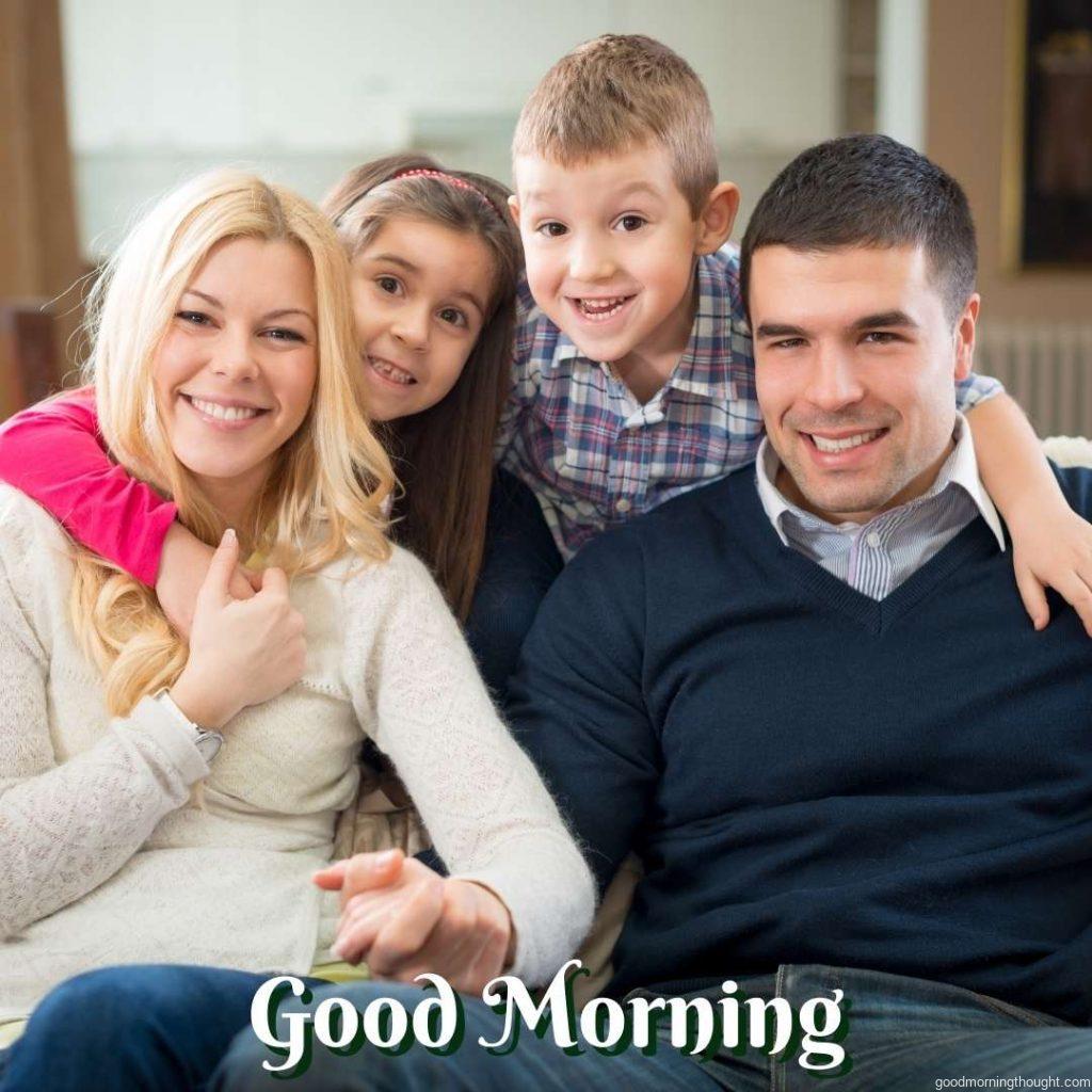 Caucasian family in the living room, smiling Happy Good Morning Images