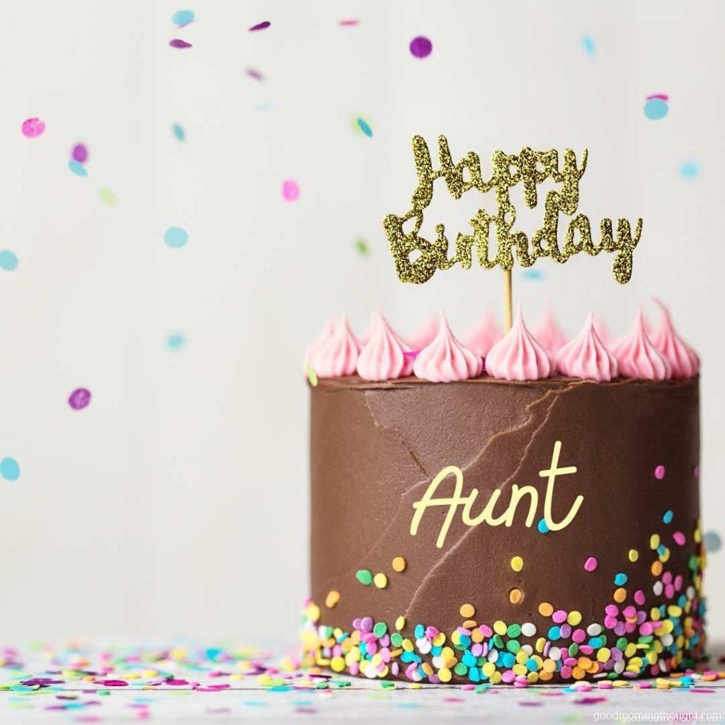 Chocolate birthday cake for Auntie with a happy birthday banner and falling confetti