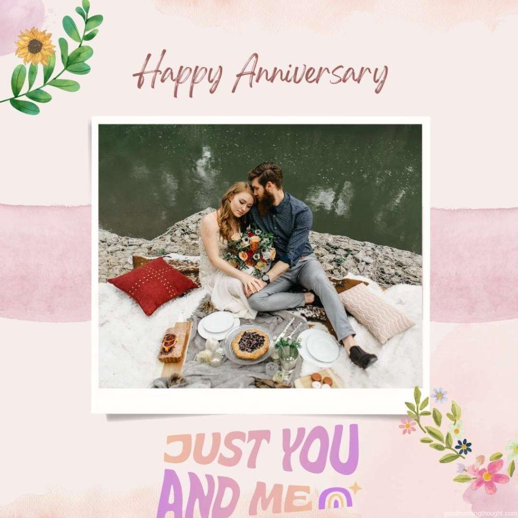 Couple Sitting Beside Calm Body of Water Celebrating Happy Wedding Anniversary