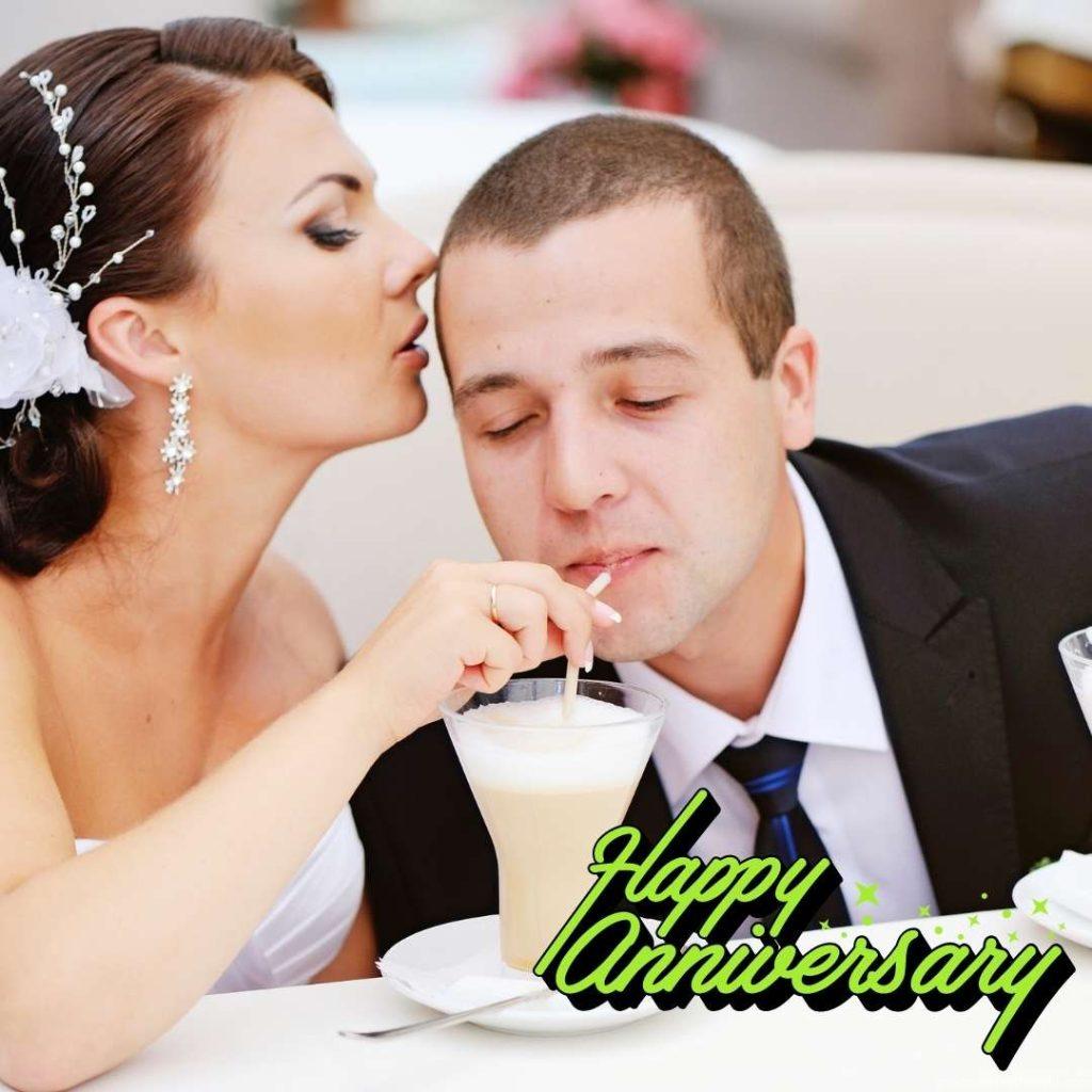 Couple drinking cappuccino in a summer cafe. Happy Wedding Anniversary Images