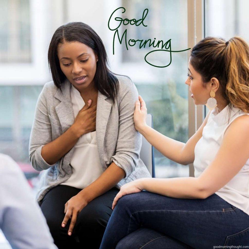 During group therapy, a middle-aged Hispanic woman consoles her friend. African American Good Morning Images