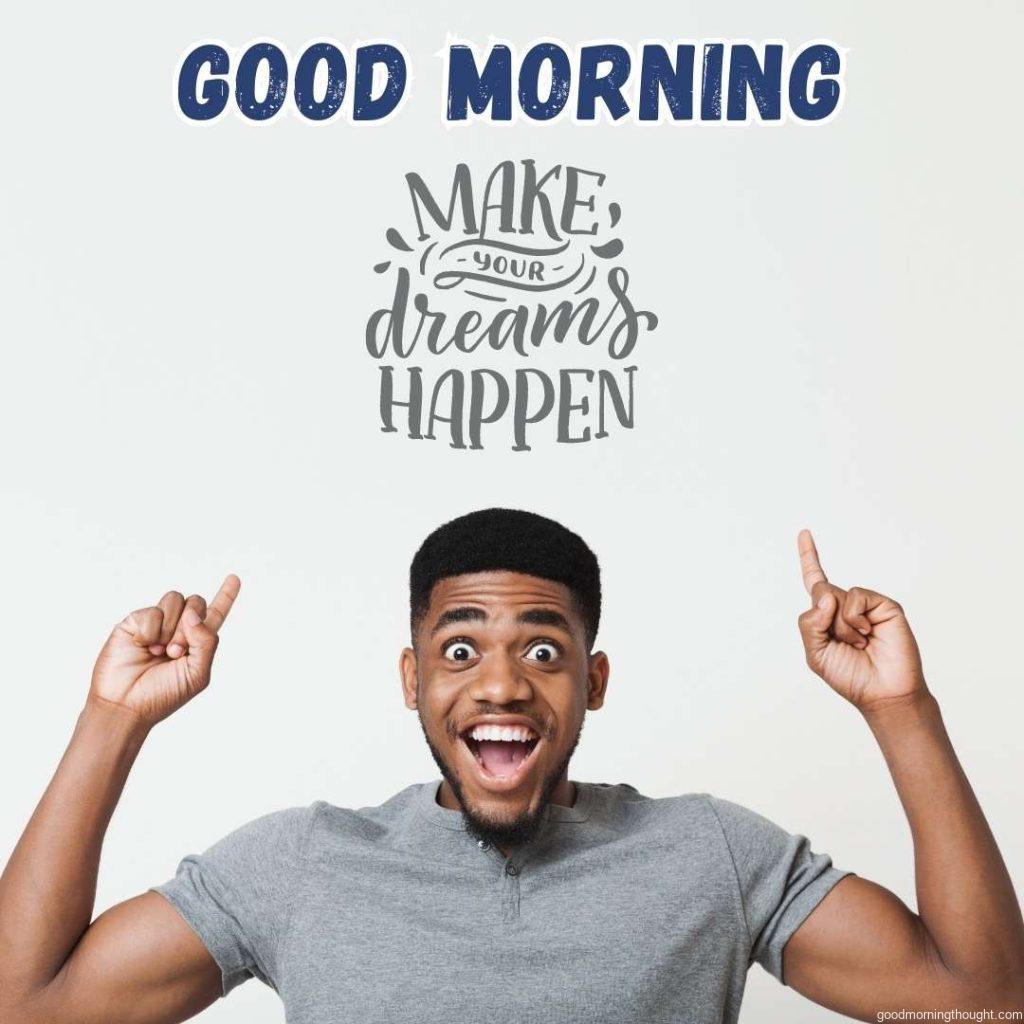 Excited African-American man having an idea and pointing two fingers up, grey studio background, Good Morning Text